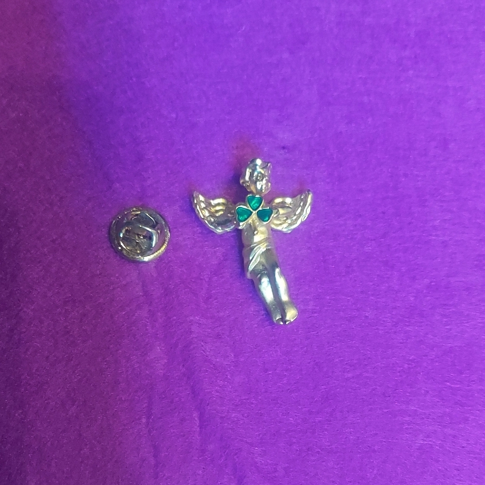 Gold ToneAngel Pendant with Green Clover